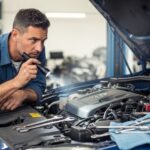 Mechanic inspecting a car engine for the source of a burning smell during slow acceleration