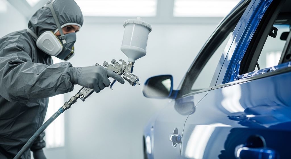 Professional spray gun technique showing proper distance and angle for automotive refinishing