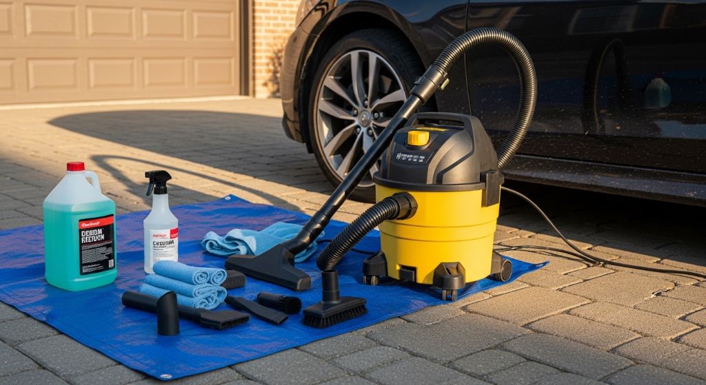 A compact shop vacuum with detailing tools and attachments laid out beside a car on a home driveway