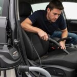 A man using a crevice tool attachment on a shop vacuum to clean a car interior vacuum between the front seats