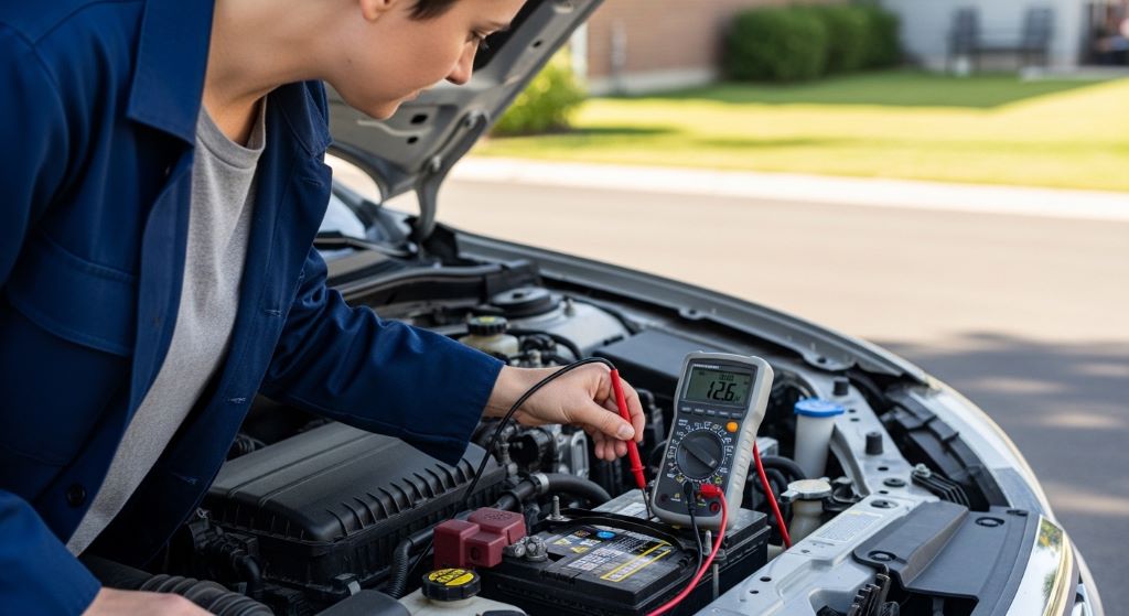 Person using a multimeter to check car battery voltage in an open hood