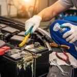Mechanic cleaning corroded car battery terminals to improve fuel efficiency