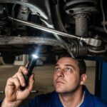 Mechanic inspecting front suspension components and tie rods under a vehicle