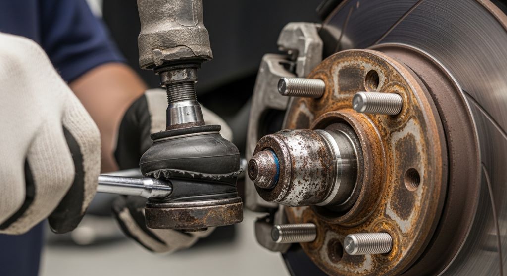 Close-up of a worn ball joint and wheel hub assembly during steering repairs