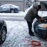 Mechanic checking car engine during snowy Chicago winter