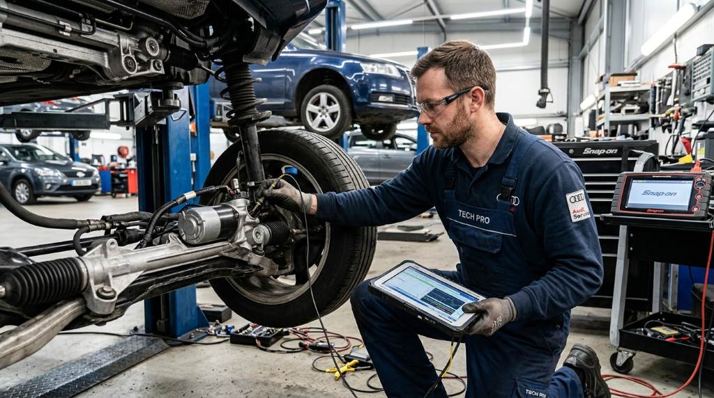 Technician diagnosing electronic steering system using advanced diagnostic tools